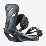 Salomon Rhythm Snowboard Bindings 2022 - A pair of dark gray snowboard bindings with a black strap and buckle.