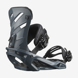 Salomon Rhythm Snowboard Bindings 2022 - A pair of dark gray snowboard bindings with a black strap and buckle.