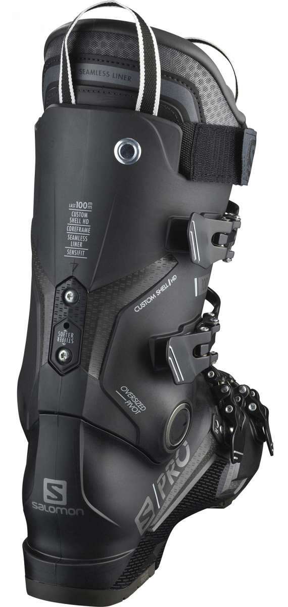 Salomon S/Pro 100 Ski Boot 2023 - Black ski boot with white lettering and silver buckles.