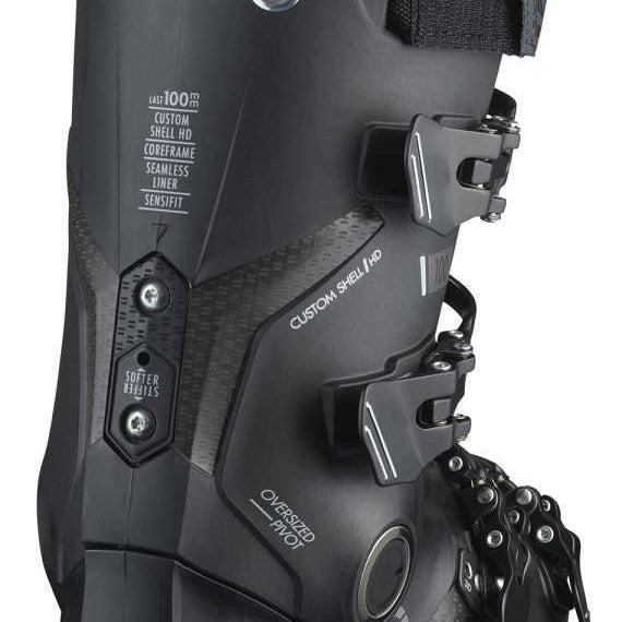 Salomon S/Pro 100 Ski Boot 2023 - Black ski boot with white lettering and silver buckles.