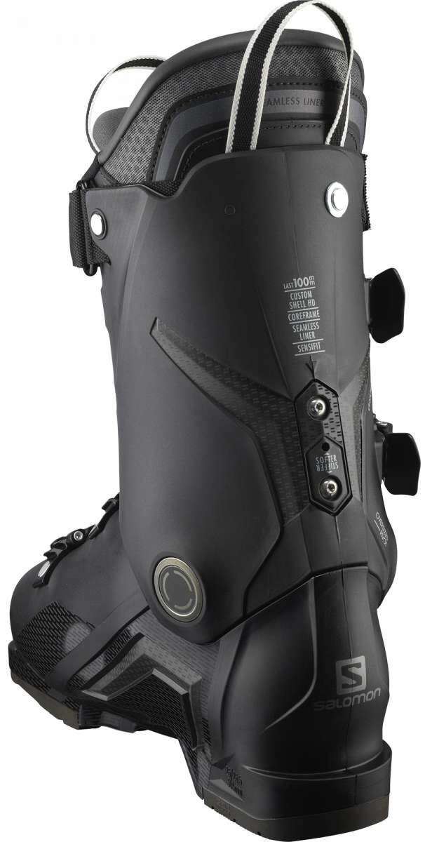 Salomon S/Pro 100 Ski Boot 2023 - Black ski boot with white logo on side and silver buckles.