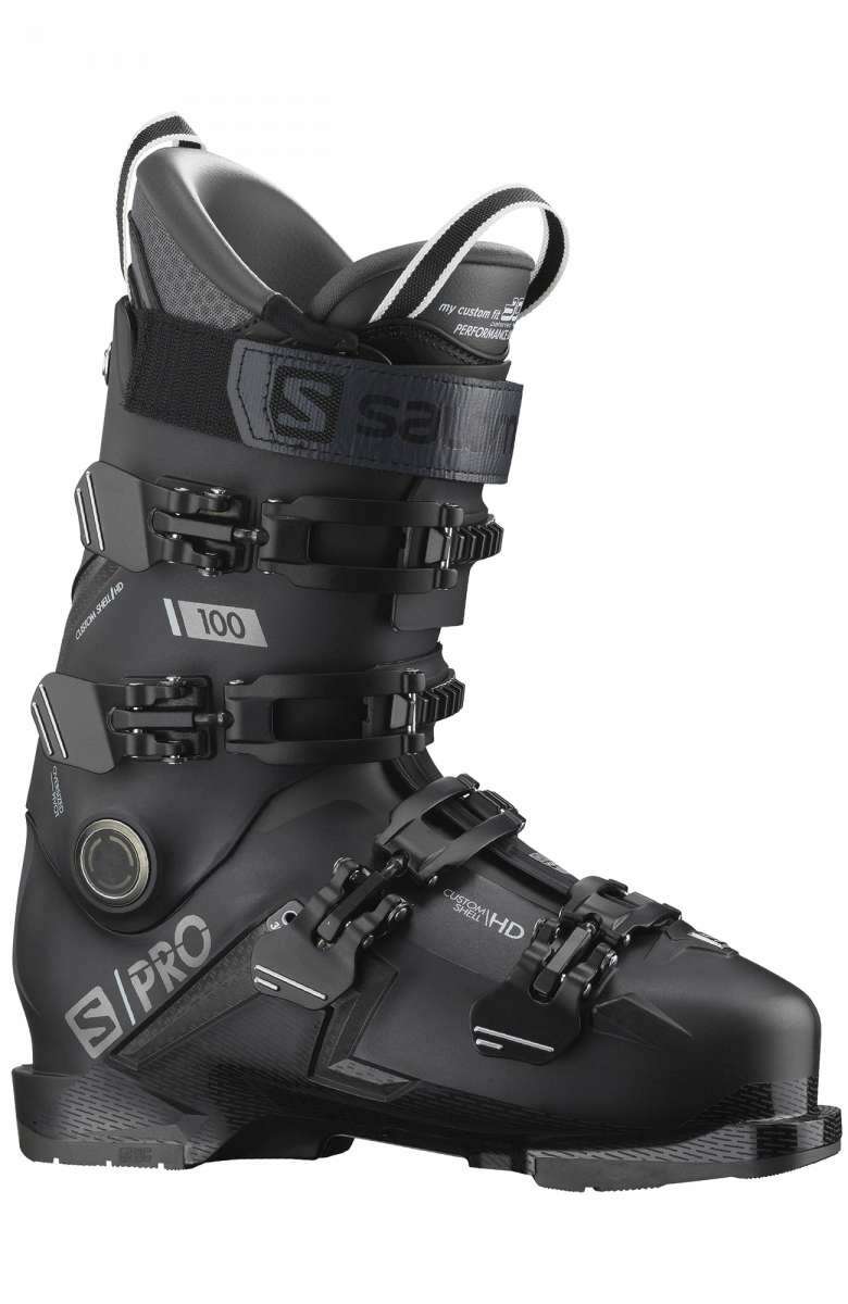 Salomon S/Pro 100 Ski Boot 2023 - Black ski boot with white lettering and logos.