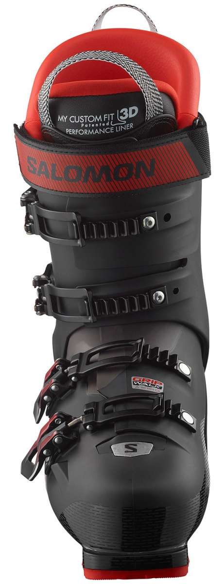 Salomon S/Pro HV 100 Ski Boots 2024 - Black ski boots with silver buckles and red accents on the tongue.