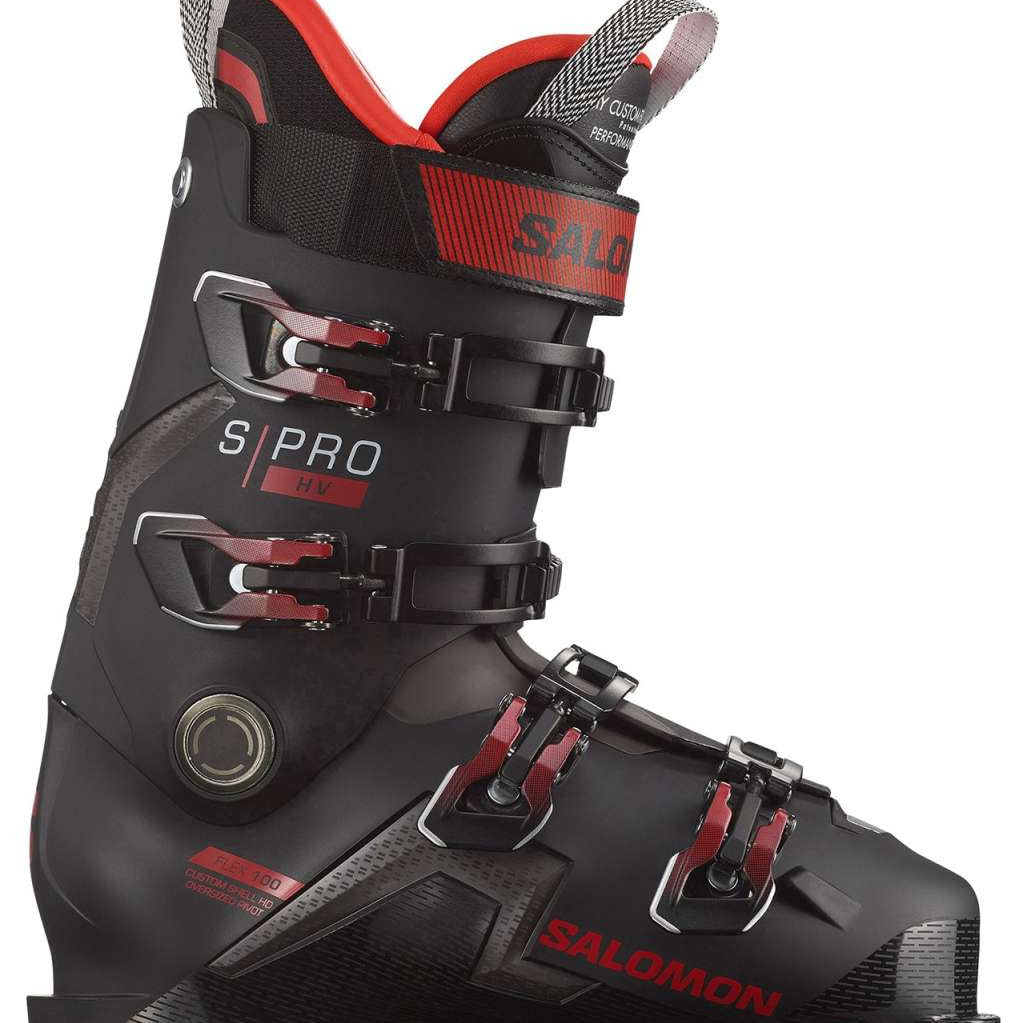 Salomon S/Pro HV 100 Ski Boots 2024 - Black ski boots with red accents and silver buckles.