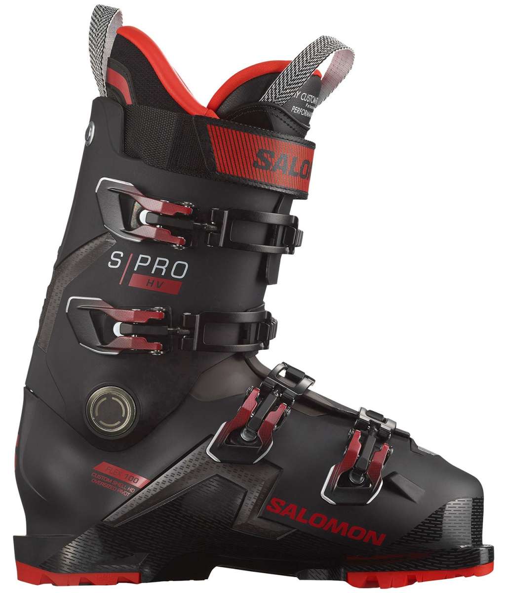 Salomon S/Pro HV 100 Ski Boots 2024 - Black ski boots with red accents and silver buckles.