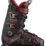 Salomon S/Pro HV 100 Ski Boots 2024 - Black ski boots with red accents and silver buckles.