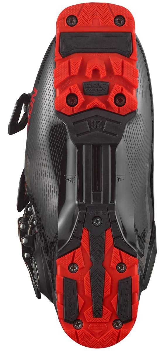 Salomon S/Pro HV 100 Ski Boots 2024 - Black ski boots with red accents and a textured, rubberized toe cap.