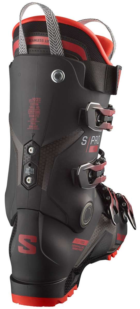 Salomon S/Pro HV 100 Ski Boots 2024 - Black ski boots with red accents and silver buckles.
