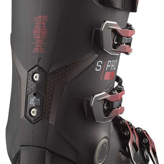 Salomon S/Pro HV 100 Ski Boots 2024 - Black ski boots with red accents and silver buckles.
