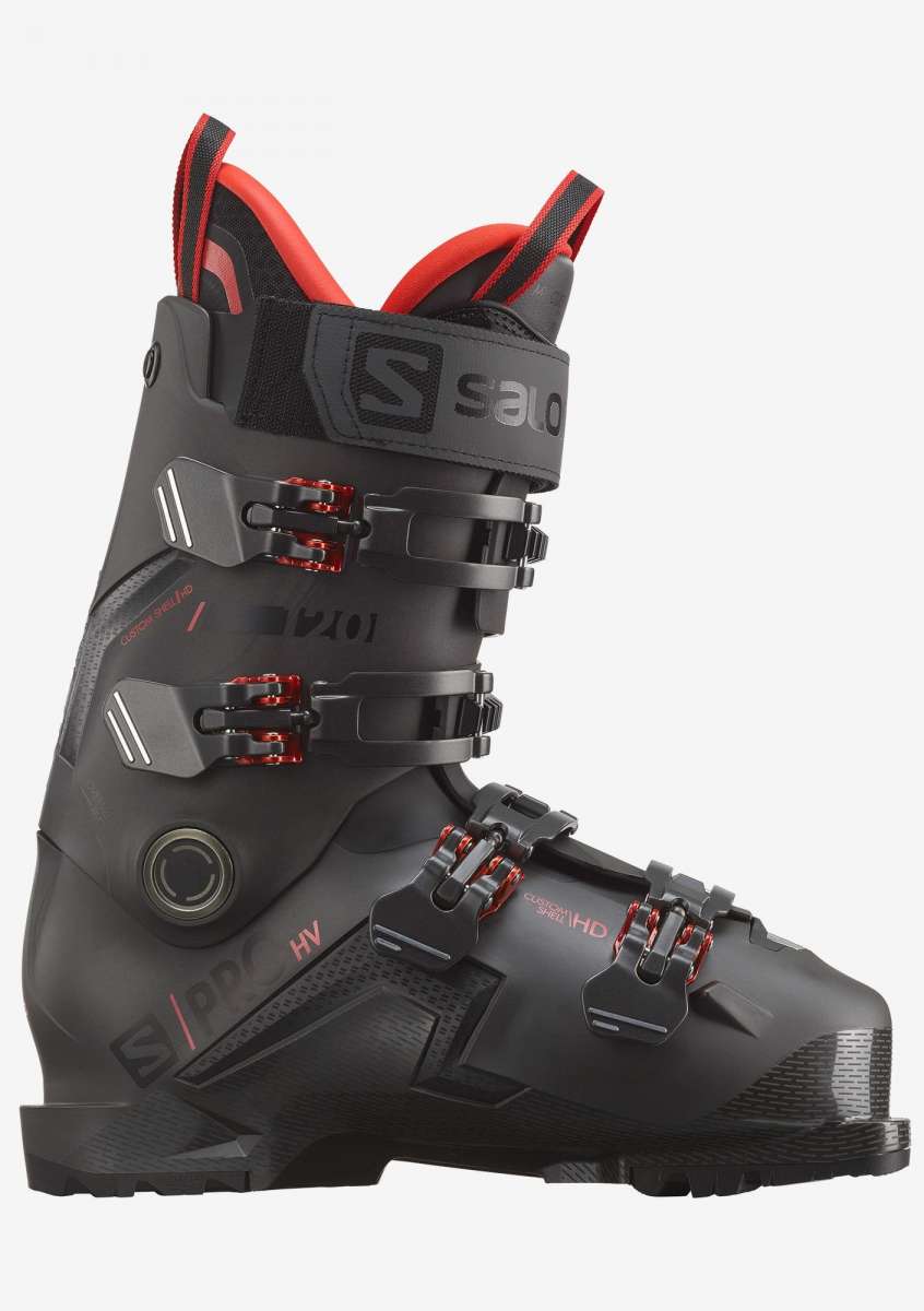 Salomon S/Pro HV 120 Ski Boots 2023 - Black ski boots with red accents and a black strap on top.