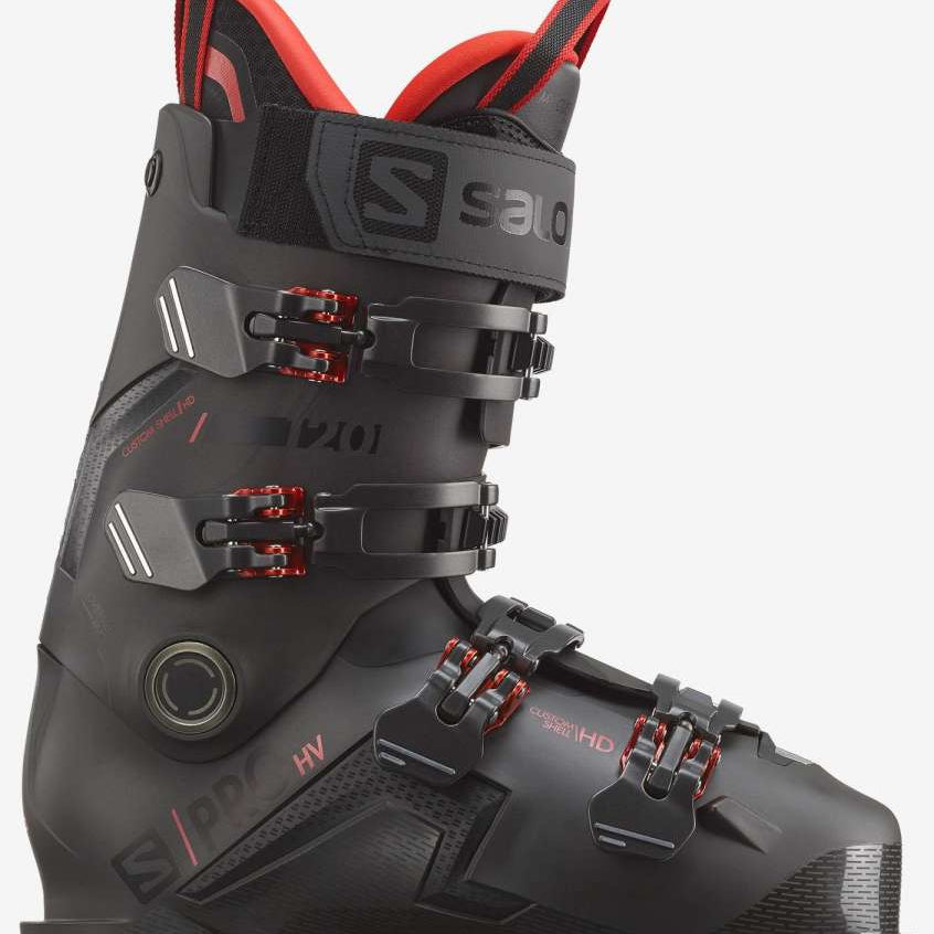 Salomon S/Pro HV 120 Ski Boots 2023 - Black ski boots with red accents and a black strap on top.