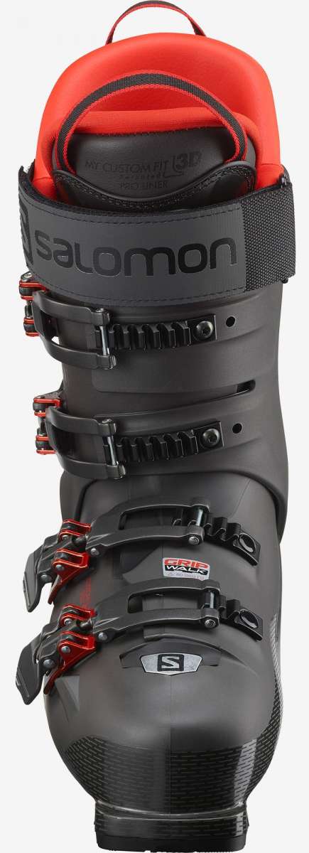 Salomon S/Pro HV 120 Ski Boots 2023 - Black ski boots with red accents and a black strap on top.