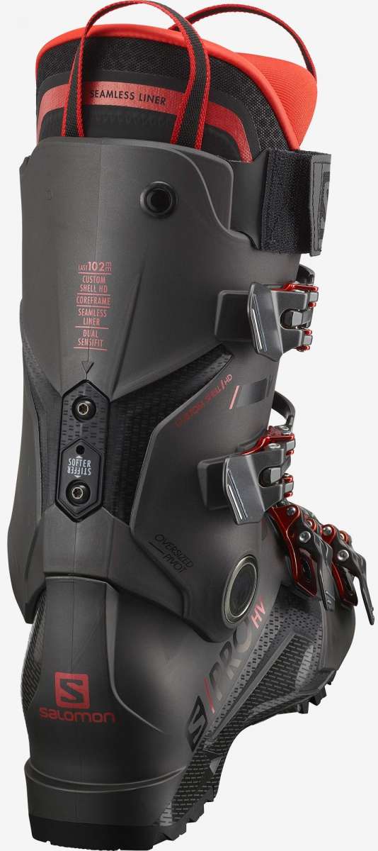 Salomon S/Pro HV 120 Ski Boots 2023 - Black ski boots with red accents and a textured sole.