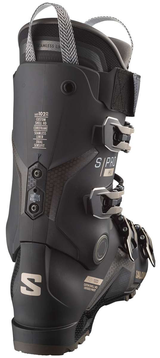 Salomon S/Pro HV 120 Ski Boots 2024 - Black ski boots with silver buckles and straps.