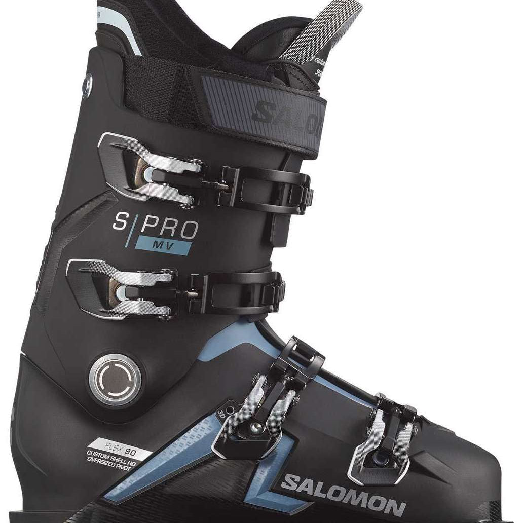 Salomon S/Pro MV 90 Ski Boots 2024 - Black ski boots with silver buckles and straps.