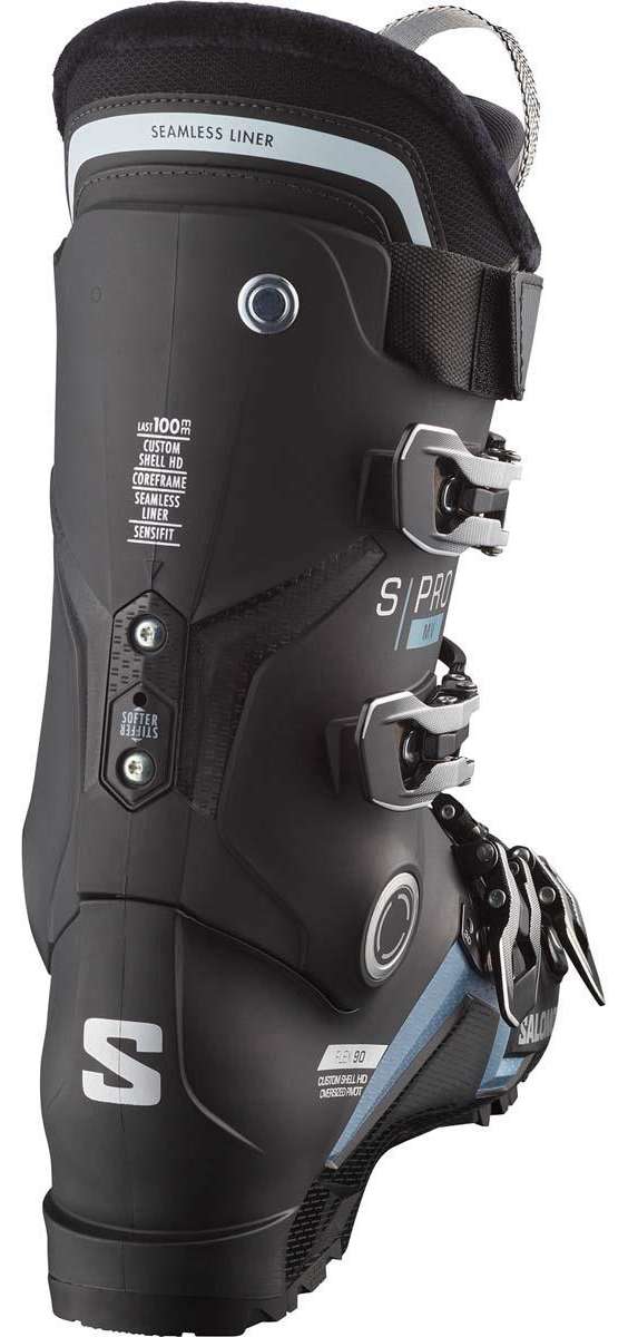 Salomon S/Pro MV 90 Ski Boots 2024 - Black ski boots with silver buckles and straps.