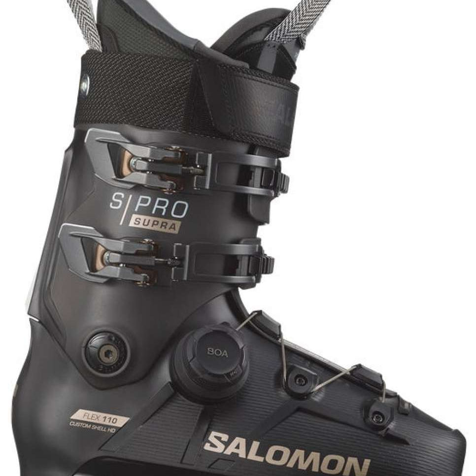 Salomon S/Pro Supra BOA 110 Ski Boots 2024 - Black ski boots with silver buckles and a textured, rubberized toe cap.