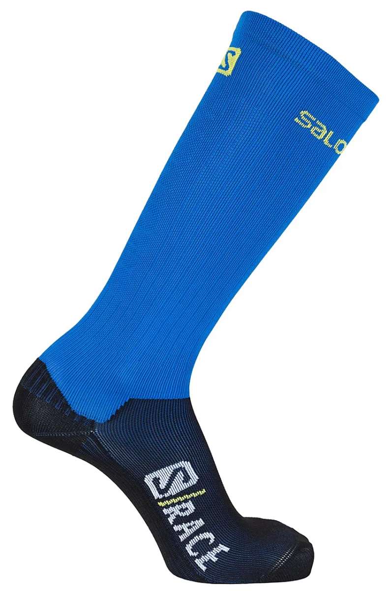 Salomon S/Race Sock 2023 - A pair of blue socks with a yellow logo on top and white lettering at the bottom.