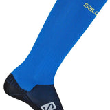 Salomon S/Race Sock 2023 - A pair of blue socks with a yellow logo on top and white lettering at the bottom.
