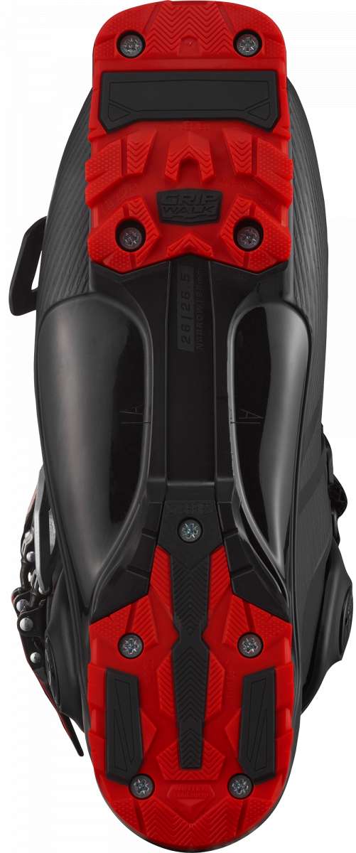 Salomon S-Pro Alpha 100 Ski Boot - Black ski boot with silver hardware and a textured, rubberized toe cap.