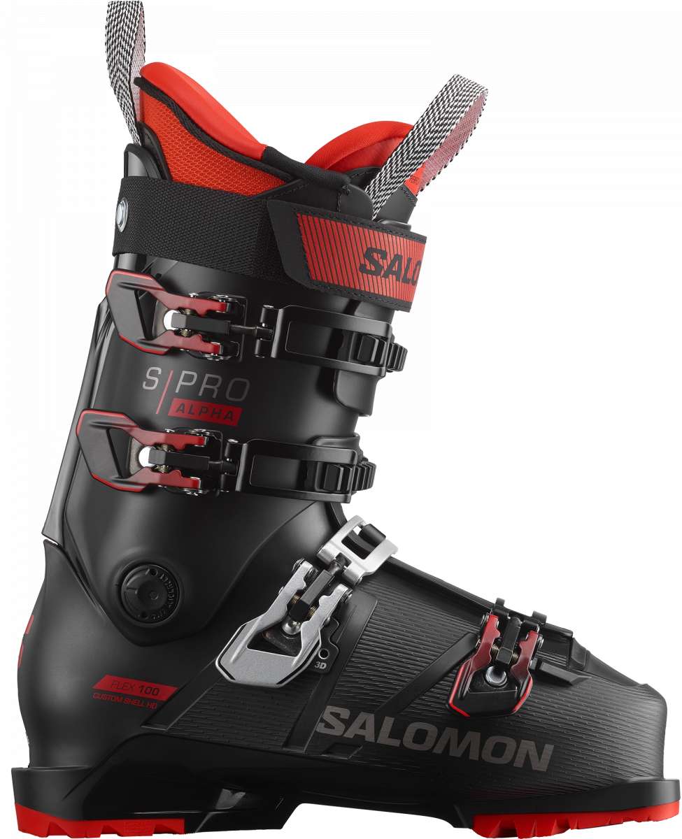 Salomon S-Pro Alpha 100 Ski Boot - Black ski boot with red accents and silver buckles.