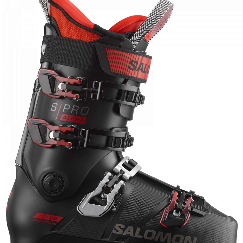 Salomon S-Pro Alpha 100 Ski Boot - Black ski boot with red accents and silver buckles.