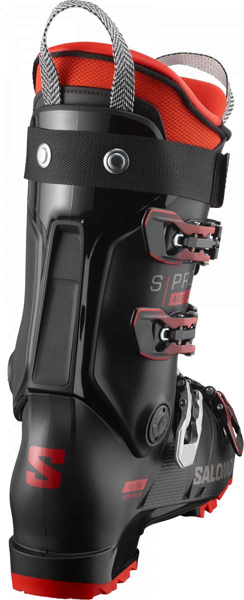 Salomon S Pro Alpha 100 Ski Boot 2024 - Black ski boot with silver buckles and red accents on the tongue and sole.
