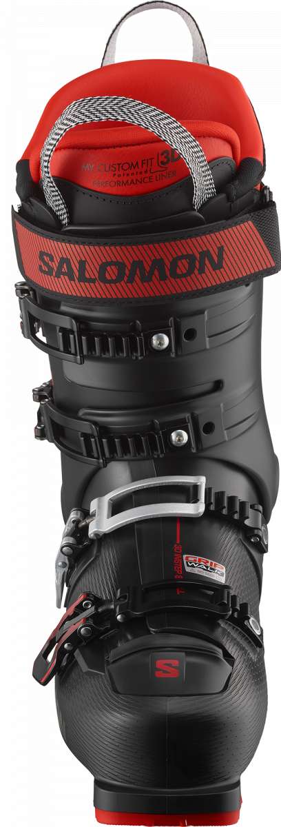 Salomon S Pro Alpha 100 Ski Boot 2024 - Black ski boot with red accents and silver buckles.