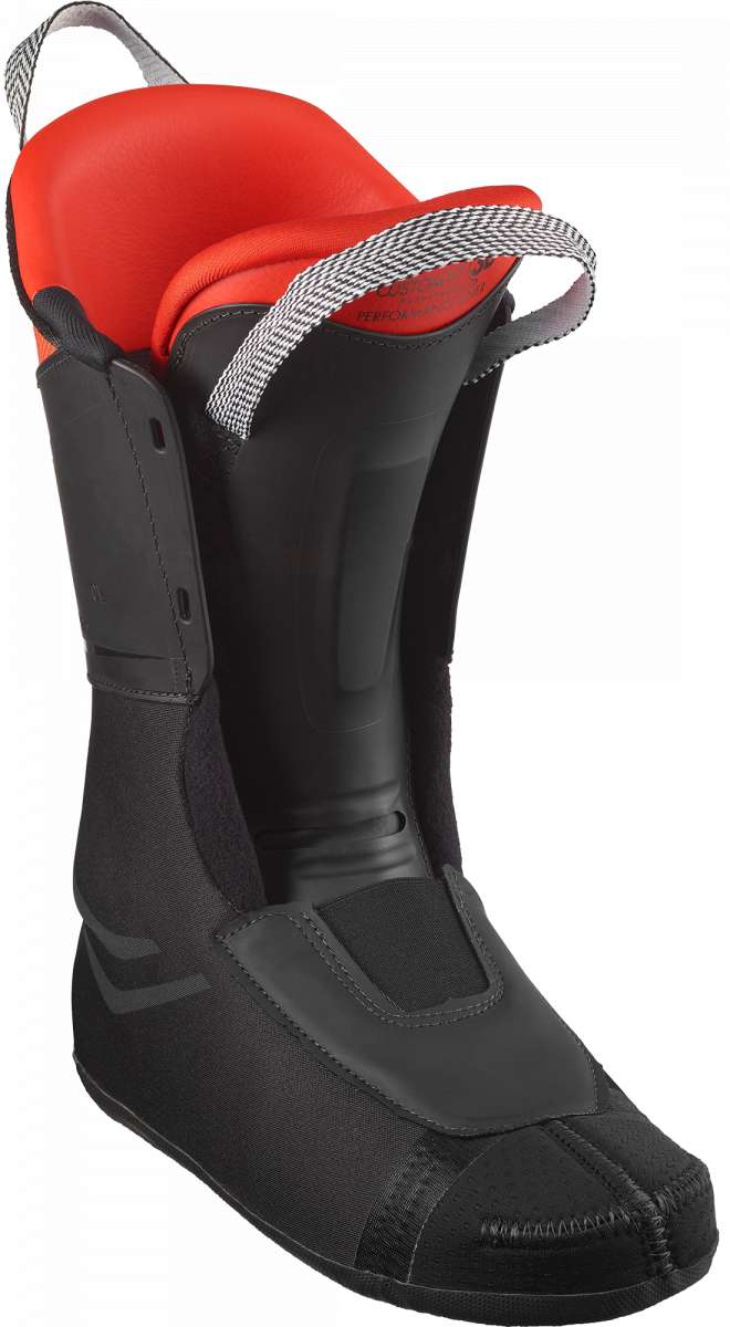 Salomon S Pro Alpha 100 Ski Boot 2024 - Black ski boot with a red logo on the side and silver buckles.