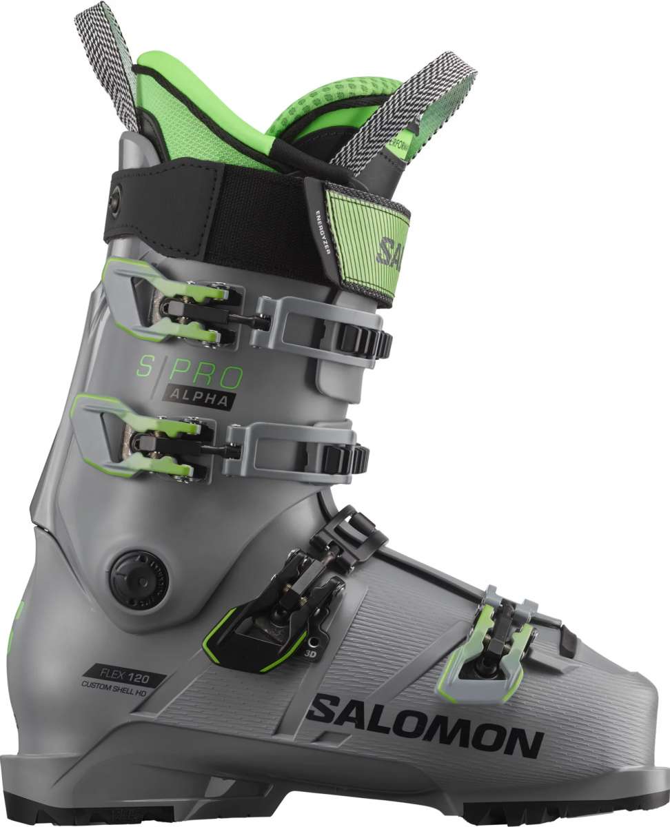 Salomon S/Pro Alpha 120 Ski Boots 2023 - A gray ski boot with green accents and black buckles.