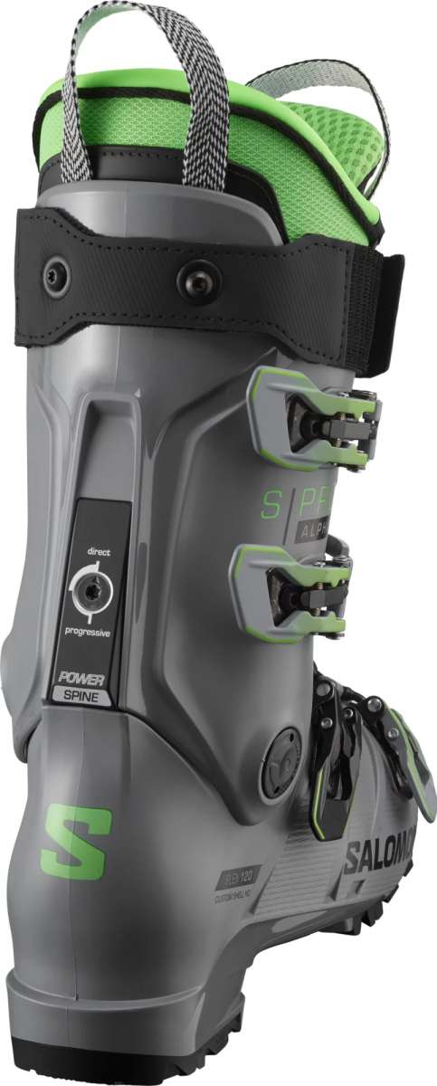 Salomon S/Pro Alpha 120 Ski Boots 2023 - A pair of black ski boots with lime green accents and a textured pattern on the tongue.
