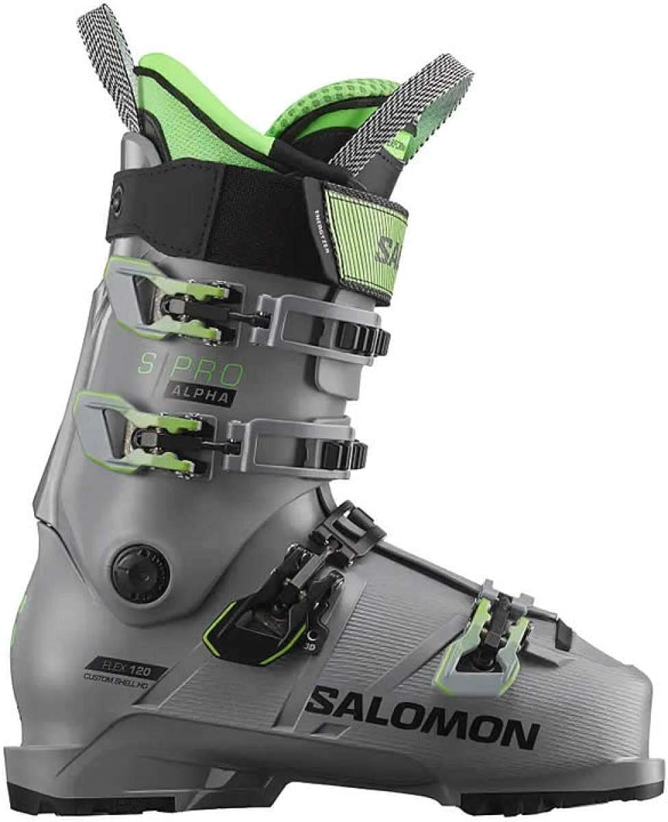 Salomon S/Pro Alpha 120 Ski Boots 2023 - A gray ski boot with green accents and black buckles.