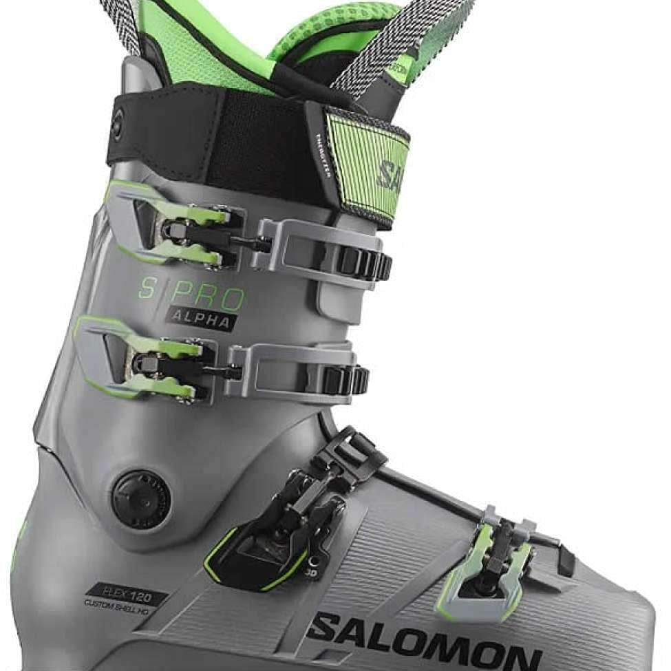 Salomon S/Pro Alpha 120 Ski Boots 2023 - A gray ski boot with green accents and black buckles.