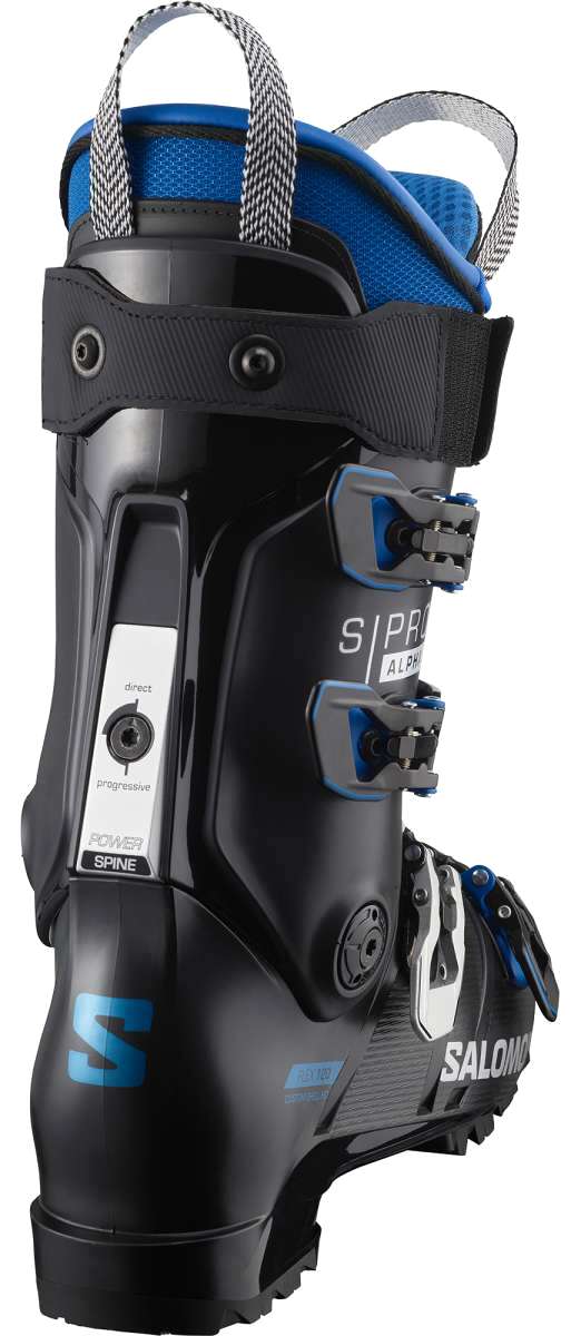 Salomon S Pro Alpha 120 EL Ski Boot 2023 - Black ski boot with blue accents and a white logo on the side.