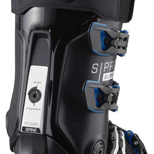 Salomon S Pro Alpha 120 EL Ski Boot 2023 - Black ski boot with blue accents and a white logo on the side.