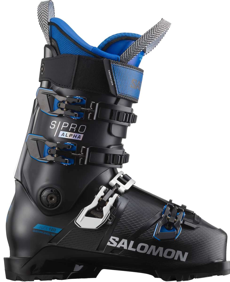 Salomon S-Pro Alpha 120 EL Ski Boot 2023 - Black ski boot with blue accents and silver buckles.