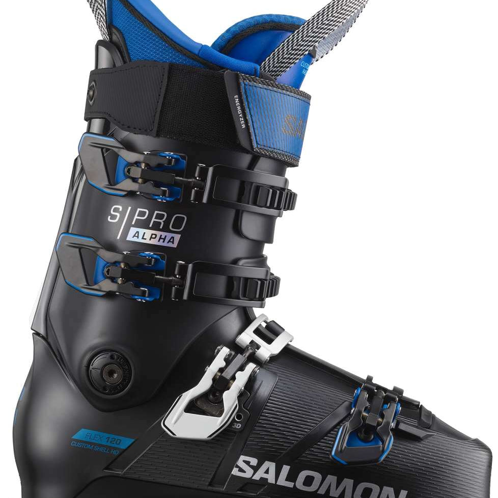 Salomon S-Pro Alpha 120 EL Ski Boot 2023 - Black ski boot with blue accents and silver buckles.