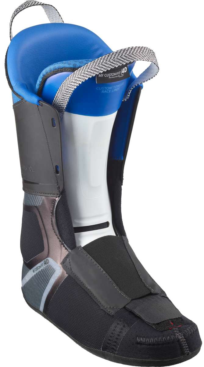 Salomon S Pro Alpha 120 EL Ski Boot 2023 - A blue ski boot with a white logo on the side and a black strap at the top.