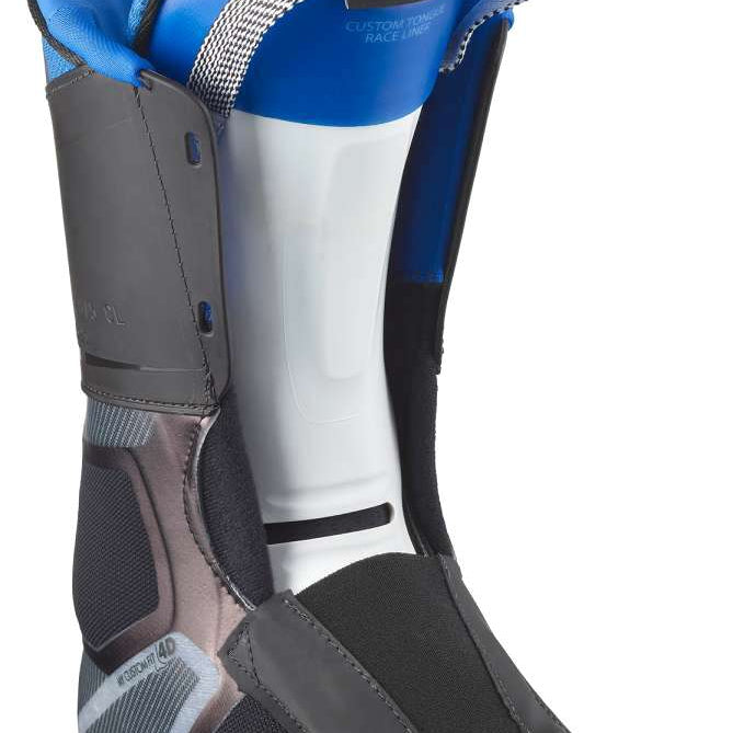 Salomon S Pro Alpha 120 EL Ski Boot 2023 - A blue ski boot with a white logo on the side and a black strap at the top.