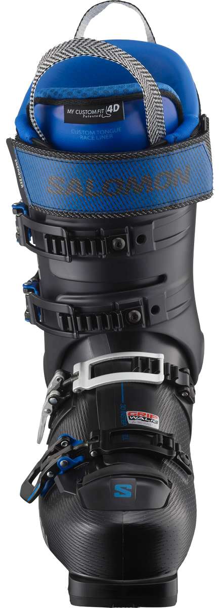 Salomon S Pro Alpha 120 EL Ski Boot 2023 - Black ski boot with silver buckles and a blue logo on top.