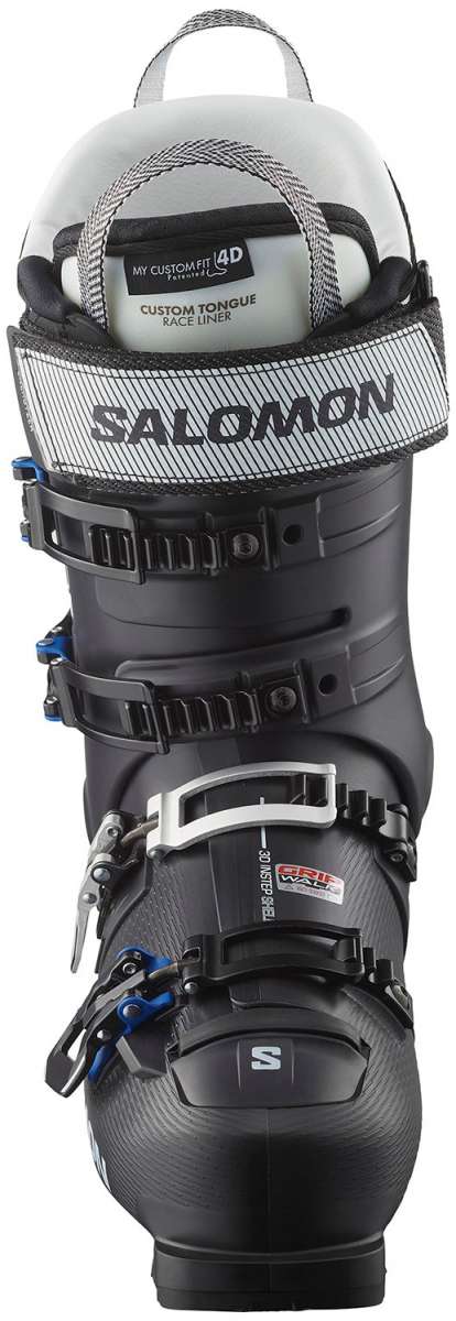 Salomon S Pro Alpha 120 El Ski Boots 2024 - Black ski boots with white accents and a textured pattern on the tongue.