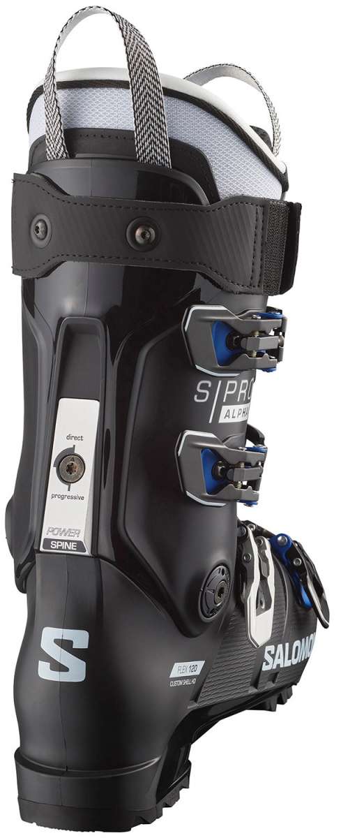 Salomon S Pro Alpha 120 El Ski Boots 2024 - Black ski boots with white accents and silver buckles.