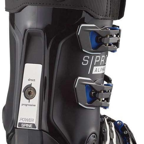 Salomon S Pro Alpha 120 El Ski Boots 2024 - Black ski boots with white accents and silver buckles.
