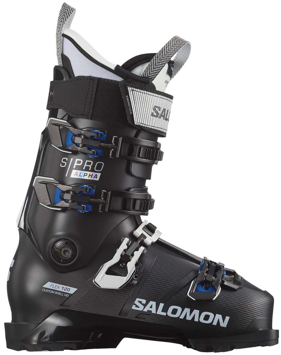 Salomon S Pro Alpha 120 El Ski Boots 2024 - Black ski boots with silver buckles and blue accents.