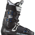 Salomon S Pro Alpha 120 El Ski Boots 2024 - Black ski boots with silver buckles and blue accents.