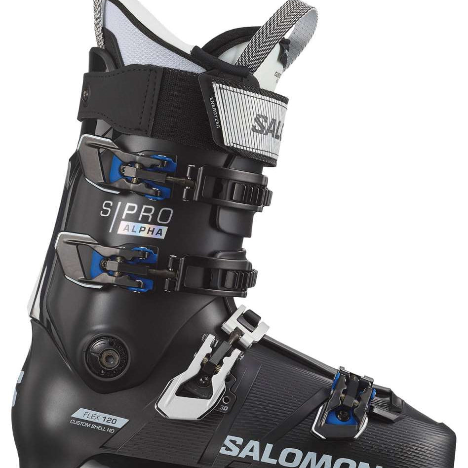 Salomon S Pro Alpha 120 El Ski Boots 2024 - Black ski boots with silver buckles and blue accents.