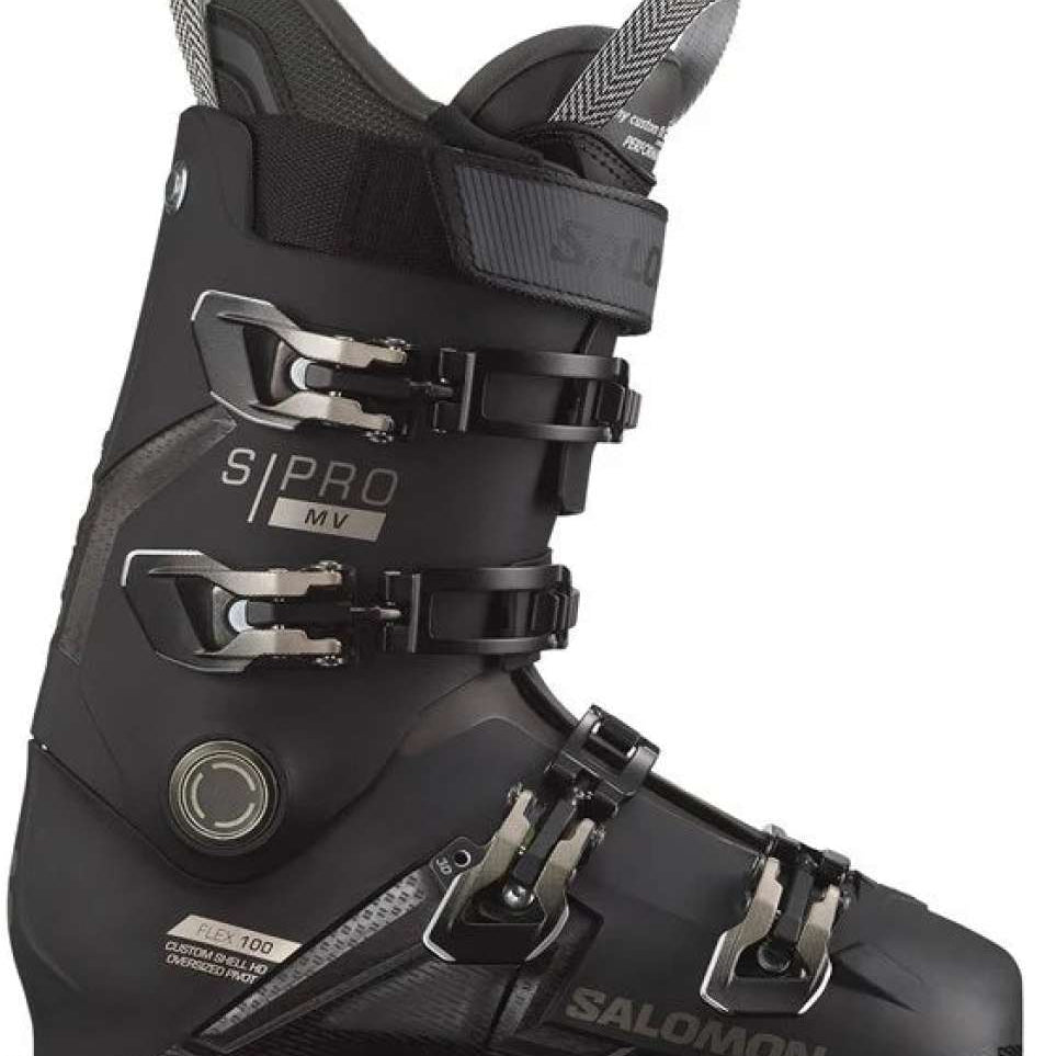 Salomon S/Pro MV 100 Ski Boots 2024 - Black ski boots with silver buckles and straps.