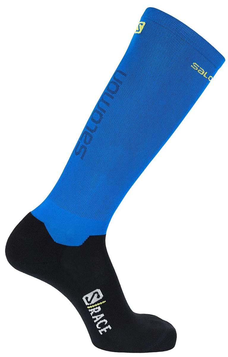 Salomon S/Race Compression Socks 2023 - A pair of blue compression socks with a subtle pattern and yellow accents on the top edge.