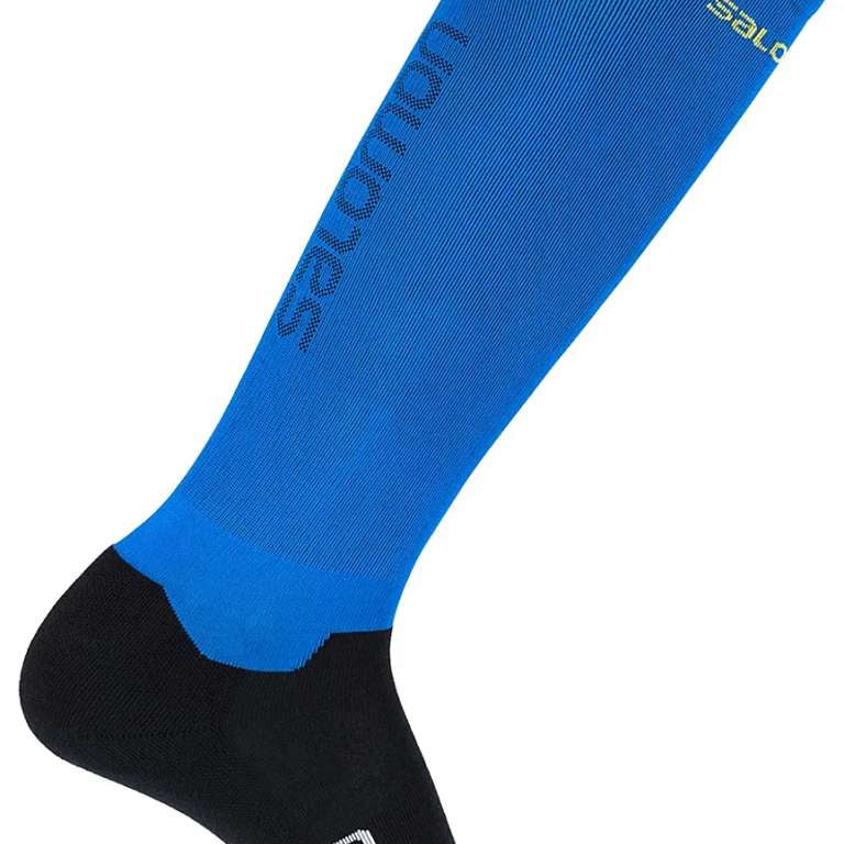 Salomon S/Race Compression Socks 2023 - A pair of blue compression socks with a subtle pattern and yellow accents on the top edge.