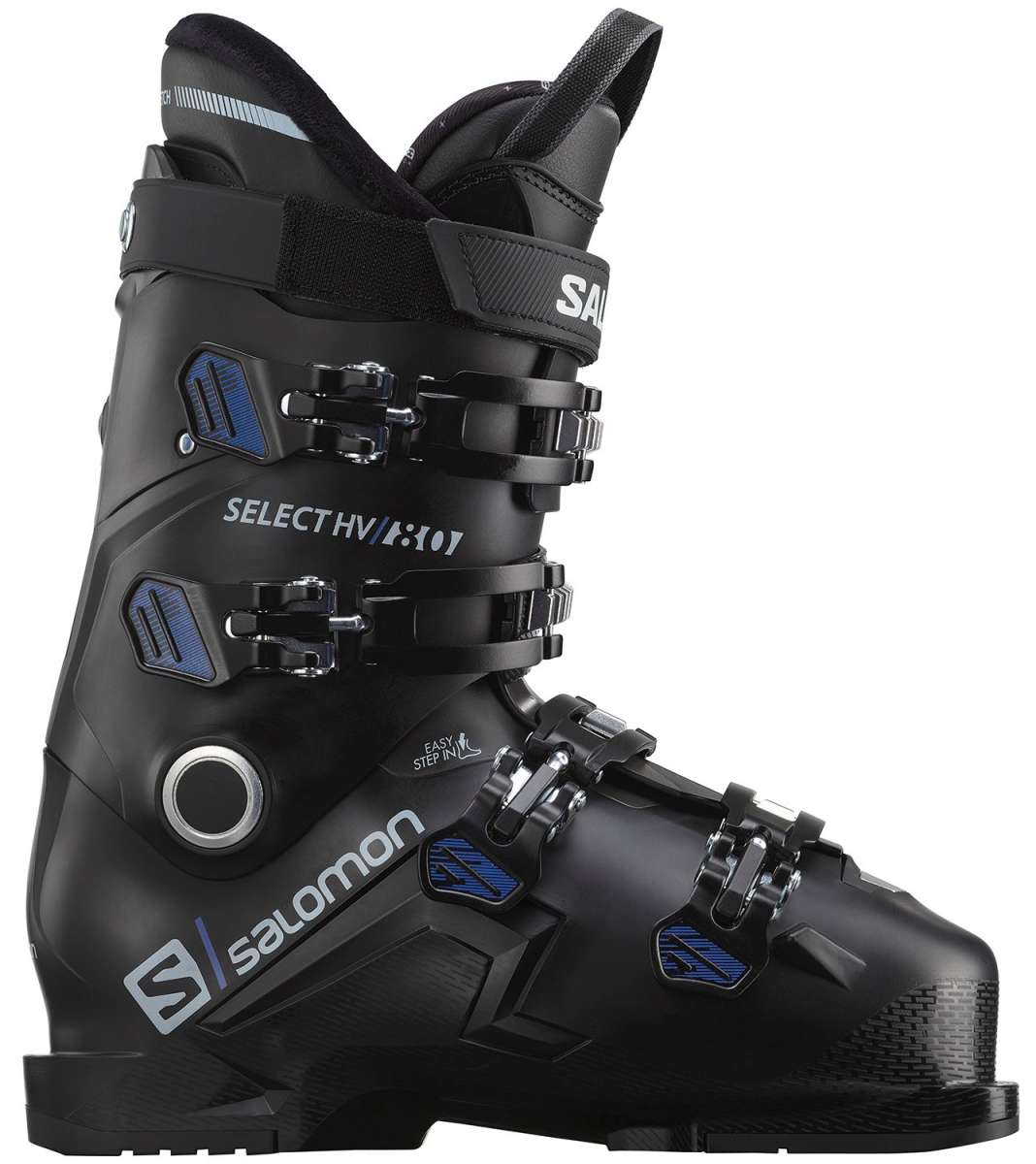 Salomon Select HV 80 Ski Boot 2023 - Black ski boot with blue accents and silver buckles.